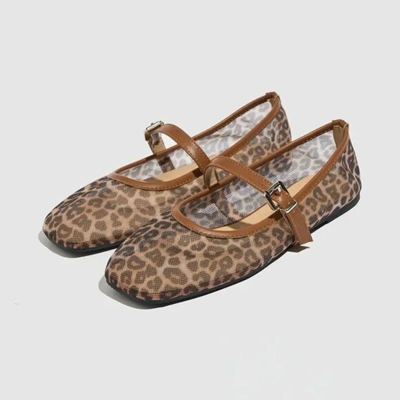 Leopard Print Mesh Mary Jane Flats - Picture 2 of 6
